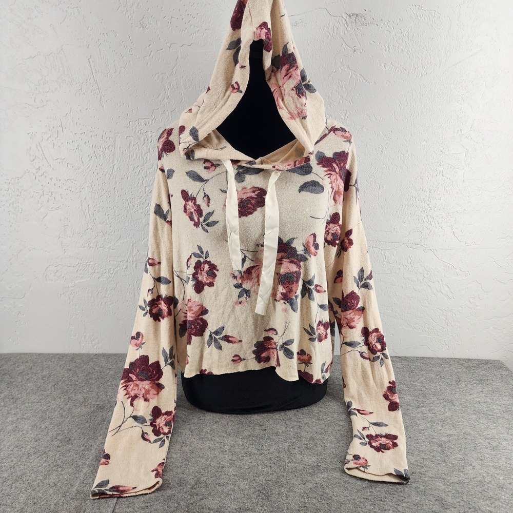 NWT Inspired Hearts Floral Hooded Knit Top Tan Pink Large K4600HQ1 Womens